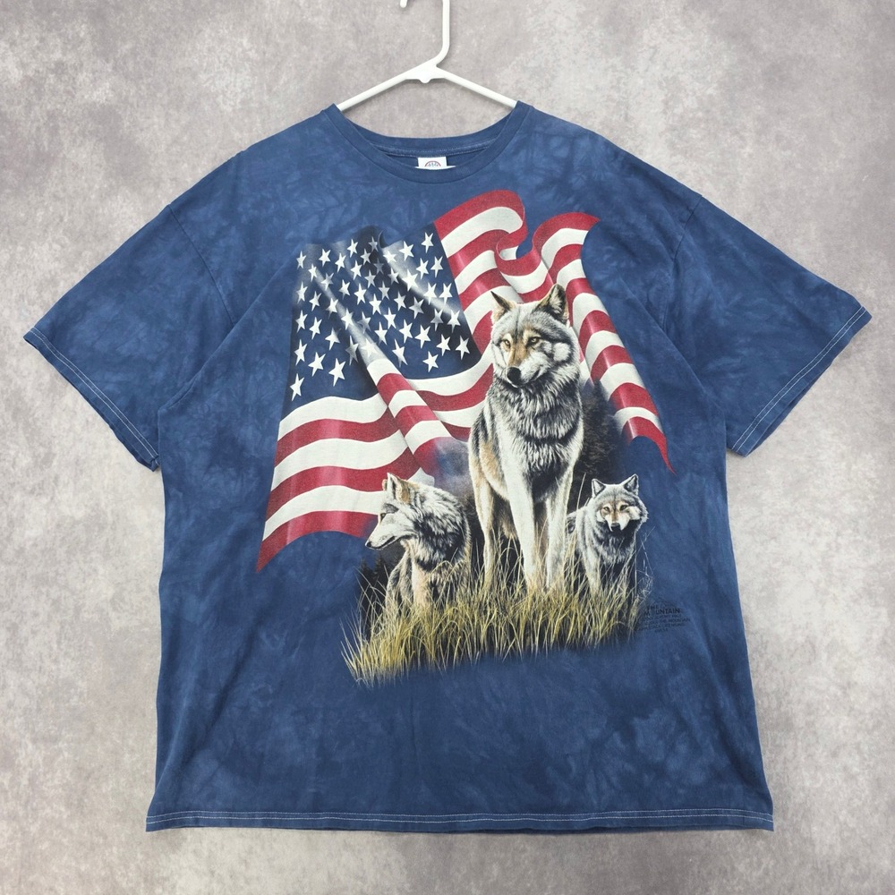 Vintage The Mountain Wolf American Flag Tie Dye T-Shirt Blue 2XL Jeremy Paul